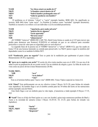 341
NASB “tu vileza estará en medio de ti”
NKJV “el hambre estará dentro de ti”
NRSV “habrá hambre prolongada entre ti”
TEV “todavía quedaras con hambre”
NJB -------------
El problema es el término “vileza” o “vacío” (ejemplo hambre, BDB 445). Su significado es
incierto, (KB 446) tiene “estar sucio”. La Peshitta lo traduce como “suciedad” (ejemplo disentería).
También es incierto si se refiere a (1) un individuo o (2) la sociedad pecaminosa.
NASB “Apartarás, pero nada salvarás”
NKJV “podrás llevar algunos”
NRSV “serás apartado”
TEV “llevaras cosas”
NJB “almacenaras”
¡El VERBO “remover” (BDB 690 I, KB 744, Hiphil [esta forma es usada en el AT para mover una
piedra para demarcar una frontera] JUSSIVO) se entiende en que es un esfuerzo para esconder
posiciones o cosas de valor para su seguridad, pero no será afectivo!
La segunda linea de la poesía usa el VERBO “preservar” o “salvar” (BDB 812), que fue usado en
Isaías 5:9 de una leonesa lamiendo su comida para preservarlo. La NKJV parece seguir la metáfora del
depredador como lo es también la biblia NET.
6:15 “Sembrarás, pero no segarás” Esto es parte de la maldición por quebrantar el pacto (véase
Deuteronomio 28:30 y siguiente).
“pero no te ungirás con aceite” El aceite de olivo tenía muchos usos en el ANE. Un uso era el de
sobar la piel en preparación de un evento social. Era un símbolo de alegría y gozo. La falta de aceite era
vista como un juicio divino (véase Deuteronomio 28:40).
NASB, NRSV,
NJB “uva”
NKJV “uvas dulces”
TEV “vino”
Este es el termino hebreo para “nuevo vino” (BDB 440). Véase Tópico especial en Amos 6:6.
6:16 “Omri” Este políticamente era un rey efectivo (véase I Reyes 16:21-28, para fechas de reinado
veas Apéndice). Su nombre llego a ser el nombre común para las 10 tribus del norte en las narraciones
asirias (ejemplo casa de Omri).
Este título llego a ser un símbolo para la vida impía. ¡Caracteriza a Judá (ejemplo II Reyes 17:19,
22)!
“Acab” Este es el hijo de Omri quien se c aso con Jezabel, quien trajo numerosos profetas de Baal y
Asera a la sociedad de samaria (véase I Reyes 16:29-34; 18; 21:25, para fechas de reinado vea
Apéndice).
NASB “burla”
NKJV, NRSV “abucheo”
TEV “desprecio”
 