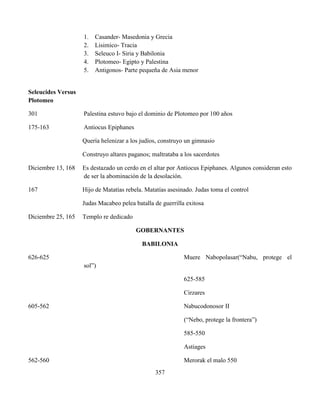 357
1. Casander- Masedonia y Grecia
2. Lisimico- Tracia
3. Seleuco I- Siria y Babilonia
4. Plotomeo- Egipto y Palestina
5. Antigonos- Parte pequeña de Asia menor
Seleucides Versus
Plotomeo
301 Palestina estuvo bajo el dominio de Plotomeo por 100 años
175-163 Antiocus Epiphanes
Quería helenizar a los judíos, construyo un gimnasio
Construyo altares paganos; maltrataba a los sacerdotes
Diciembre 13, 168 Es destazado un cerdo en el altar por Antiocus Epiphanes. Algunos consideran esto
de ser la abominación de la desolación.
167 Hijo de Matatías rebela. Matatías asesinado. Judas toma el control
Judas Macabeo pelea batalla de guerrilla exitosa
Diciembre 25, 165 Templo re dedicado
GOBERNANTES
BABILONIA
626-625 Muere Nabopolasar(“Nabu, protege el
sol”)
625-585
Cirzares
605-562 Nabucodonosor II
(“Nebo, protege la frontera”)
585-550
Astiages
562-560 Merorak el malo 550
 