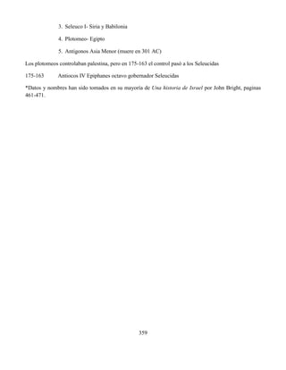 359
3. Seleuco I- Siria y Babilonia
4. Plotomeo- Egipto
5. Antigonos Asia Menor (muere en 301 AC)
Los plotomeos controlaban palestina, pero en 175-163 el control pasó a los Seleucidas
175-163 Antiocos IV Epiphanes octavo gobernador Seleucidas
*Datos y nombres han sido tomados en su mayoría de Una historia de Israel por John Bright, paginas
461-471.
 