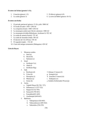 370
Eventos sin fechas (genesis 1:11);
1. Creación (génesis 1-2) 3. El diluvio (génesis 6-9)
2. La caída (génesis 3) 4. La torre de Babel (génesis 10-11)
Eventos con fecha:
1. El periodo patriarcal (génesis 12-10 y job)- 2000 AC
2. El éxodo (Exodo)- 1445/ 1290 AC
3. La conquista (Josué)- 1400/ 1250 AC
4. La monarquía unida (saul, David, salomon)- 1000 AC
5. La monarquía dividida (Rehoboam- Jeroboam I)- 922 AC
6. La caída de samaria Iisrael)- 722 AC
7. La caída de Jerusalén (Judá)- 586 AC
8. El decreto de Ciro (Persa)- 538 AC
9. El segundo templo – 516 AC
10. Cierre del antiguo testamento (Malaquias)- 430 AC
Lista de Reyes:
1. Monarcas unidos
a. Saul (a)
b. David (b)
c. Salomon (c)
2. Israel
a. Jeroboam I (e)
b. Ahab (f)
c. Jeroboam II(g)
3. Juda
a. Reoboam (d) f. Jehoaaz (3 meses) (l)
b. Uzias (h) g. Jeoaquin (m)
c. Hesequias (i) h. Jeoachin (3 meses) (n)
d. Manases (j) i. Zedequias (o)
e. Josias (k) j. Gedalia (Gobernador Persa) (p)
4. Asiria.
a. Tiglath Pileser III (745- 727)
b. Salmanecer V (727-722)
c. Sargon II (722-705)
d. Senacerib (705-681)
e. Esaraddon(681-669)
f. Asurbanipal (669-663)
5. Babilonia.
a. Nabopolasar (626-605)
b. Nabucodonosor (605-562)
c. Nabonidos (556-539)
 