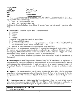 22
NASB, NKJV,
NJB “morador”
NRSV, TEV “los moradores”
NIV “el rey”
NET “el gobernador”
JB “el que esta entronado”
Esto es un Qal ACTIVO PARTICIPIO MASCULINO SINGULAR (BDB 442, KB 444). Es obvio
hay un paralelo entre este término y:
1. Amos 1:5c, “el que sostiene el cetro”
2. Amos 1:8b, “el que sostiene el cetro”
La Biblia de Énfasis, Rotherham, tiene al final de la nota, “aquel que está sentado= que reina” (pág.
873).
“valle de Avén” El término “Avén” (BDB 19) puede significar.
1. Problema
2. Tristeza
3. Maldad
4. Idolatría
Es usado de varias maneras diferentes de Amos/Oseas.
1. Un lugar de idolatría (aquí)
2. Una referencia a Betel por medio de un juego de palabras hebreo (véase Oseas 4:15; 5:8; 10:5, 8)
3. Una referencia a la maldad (véase Oseas 6:8; 10:8; 12:11).
4. Algo que no sirve (ejemplo idolatría como vanidad, véase Amos 5:5).
Aquí se refiere a un lugar en alguna parte en Siria. El comentario expositor de la biblia, volumen 7, pág.
284 hace ver que es un juego de palabras judías sobre Baalbek que era llamado Heliópolis durante el
periodo griego. McComiskey también afirma que debido al contacto entre siria y Egipto esta ciudad
posiblemente tomo el nombre de una ciudad Egipcia, ‘on (véase Septuaginta).
El sitio geográficamente es incierto, pero muchos creen que se refiere al valle de Bukaa (véase la
Septuaginta).
“al que empuña el cetro” Originalmente el término “cetro” (BDB 986) refiere a un implemento de
guerra de madera. Los líderes eran aquellos que peleaban bien. Su armamento de madera llega a ser un
símbolo de autoridad, gobierno, y poder. Es usado para los reyes de las naciones paganas en Isaías 14:5;
Amos 1:5, 8; Zacarías 10:11, pero del poder de Dios en Isaías 10:5 y el poder de su Mesías en Isaías
11:4.
“Bet-edén” Este nombre significa “casa de placer” (constructivo BDB 108 y 112). Su localización
geográfica es incierta, pero puede referirse a (1) un reino al norte de Aram en las riveras del rio Éufrates
(tiempo de Asurbanipal II y Salmaneser III) o (2) Baalbek en el valle Bukaa (tiempo de Tiglath-pileser
III).
“y el pueblo de Aram será desterrado a Kir” Aprendemos del 9:7 que este era la tierra original de
ellos; serán exilados a donde iniciaron (BDB 885, véase II Reyes 11:9). Sin embargo su localización es
desconocida (véase Isaías 22:6). La mayoría de la gente lo identifica como un lugar en Elam.
NASB (ACTUALIZADO) TEXTO: 1:6-8
6 Así dice el SEÑOR:
 