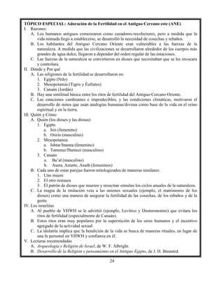 24
TÓPICO ESPECIAL: Adoración de la Fertilidad en el Antiguo Cercano este (ANE)
I. Razones:
A. Los humanos antiguos comenzaron como cazadores-recolectores, pero a medida que la
vida nómada llegó a establecerse, se desarrolló la necesidad de cosechas y rebaños.
B. Los habitantes del Antiguo Cercano Oriente eran vulnerables a las fuerzas de la
naturaleza. A medida que las civilizaciones se desarrollaron alrededor de los cuerpos más
grandes de agua dulce, llegaron a depender del orden regular de las estaciones.
C. Las fuerzas de la naturaleza se convirtieron en dioses que necesitaban que se les invocara
y controlara.
II. Dónde y Por qué
A. Las religiones de la fertilidad se desarrollaron en:
1. Egipto (Nilo)
2. Mesopotamia (Tigris y Éufrates)
3. Canaán (Jordán)
B. Hay una similitud básica entre los ritos de fertilidad del Antiguo Cercano Oriente.
C. Las estaciones cambiantes e impredecibles, y las condiciones climáticas, motivaron el
desarrollo de mitos que usan analogías humanas/divinas como base de la vida en el reino
espiritual y en la tierra.
III. Quién y Cómo
A. Quién (los dioses y las diosas)
1. Egipto
a. Isis (femenino)
b. Osiris (masculino)
2. Mesopotamia
a. Ishtar/Inanna (femenino)
b. Tammuz/Dumuzi (masculino)
3. Canaán
a. Ba’al (masculino)
b. Asera, Astarte, Anath (femeninos)
B. Cada uno de estas parejas fueron mitologizados de maneras similares:
1. Uno muere
2. El otro restaura
3. El patrón de dioses que mueren y resucitan simulan los ciclos anuales de la naturaleza.
C. La magia de la imitación veía a las uniones sexuales (ejemplo, el matrimonio de los
dioses) como una manera de asegurar la fertilidad de las cosechas, de los rebaños y de la
gente.
IV. Los israelitas
A. Al pueblo de YHWH se le advirtió (ejemplo, Levítico y Deuteronomio) que evitara los
ritos de fertilidad (especialmente de Canaán).
B. Estos ritos eran muy populares por la superstición de los seres humanos y el incentivo
agregado de la actividad sexual.
C. La idolatría implica que la bendición de la vida se busca de maneras rituales, en lugar de
una fe personal en YHWH y confianza en él.
V. Lecturas recomendadas
A. Arqueología y Religión de Israel, de W. F. Albright.
B. Desarrollo de la Religión y pensamiento en el Antiguo Egipto, de J. H. Breasted.
 