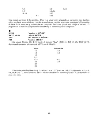 41
7:5 8:3 7:12
9:5 8:9 (2)
10:14 8:10
9:11 8:13
Este modelo es típico de los profetas. ¡Dios va a actuar sobre el pecado en su tiempo, pero también
ofrece un día de arrepentimiento y perdón a aquellos que cambian su corazón y acciones! ¡El propósito
de Dios de la redención y restauración se cumplirán! Tendrá un pueblo que refleja su carácter. El
propósito de la creación (compañerismo entre Dios y la humanidad) serán cumplidas!
NASB “declara el SEÑOR”
NKJV, NRSV “dice el SEÑOR”
TEV “ha hablado el SEÑOR”
NJB “declara YHVH”
Esta unidad literaria (1:3-2:16) repite el término “dice” (BDB 55, KB 65, Qal PERFECTO,
demostrando que estos juicios son de YHVH, no de Moisés).
Inicio Conclusión
1:3 1:5
1:6 1:8
1:9
1:11
1:13 1:15
2:1 2:3
2:4
2:6
Una forma paralela (BDB 610 y 217 CONSTRUCTIVO) está en 2:11 y 2:16 (ejemplo 3:13; 4:3;
6:8, 14; 8:3, 9, 11). Amos creía que YHVH mismo había hablado un mensaje claro a él y el fielmente lo
paso a los otros.
 