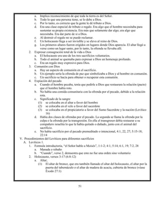 51
a. Implica reconocimiento de que toda la tierra es del Señor.
b. Todo lo que una persona tiene, se lo debe a Dios.
c. Por lo tanto, es correcto que la gente le dé tributo a Dios.
d. Era una clase especial de tributo o regalo. Era algo que el hombre necesitaba para
sustentar su propia existencia. Era más que solamente dar algo; era algo que
necesitaba. Era dar parte de sí a Dios.
e. Al destruir el regalo no se puede reclamar.
f. Un holocausto llega a ser invisible y se eleva al reino de Dios.
g. Los primeros altares fueron erigidos en lugares donde Dios aparecía. El altar llegó a
verse como un lugar santo, por lo tanto, la ofrenda se llevaba allí.
2. Expresar consagración total de la vida a Dios
a. El holocausto era uno de los tres sacrificios voluntarios.
b. Todo el animal se quemaba para expresar a Dios un homenaje profundo.
c. Era un regalo muy expresivo para Dios.
3. Comunión con Dios
a. Hay un aspecto de comunión en el sacrificio.
b. Un ejemplo sería la ofrenda de paz que simbolizaba a Dios y al hombre en comunión.
c. Un sacrificio se hacía para obtener o recuperar esta comunión.
4. Expiación del pecado
a. Cuando el hombre pecaba, tenía que pedirle a Dios que restaurara la relación (pacto)
que el hombre había roto.
b. No había una comida comunitaria con la ofrenda por el pecado, debido a la relación
rota.
c. Significado de la sangre
(1) se colocaba en el altar a favor del hombre
(2) se colocaba en el velo a favor del sacerdote
(3) se colocaba en el propiciatorio a favor del Sumo Sacerdote y la nación (Levítico
16)
d. Había dos clases de ofrendas por el pecado. La segunda se llama la ofrenda por la
culpa o la ofrenda por la transgresión. En ella el transgresor debía restaurar a su
compañero israelita lo que le había quitado o dañado, junto con el animal del
sacrificio.
e. No había sacrificio por el pecado premeditado o intencional, 4:1, 22, 27; 5:15-18;
22:14
V. Procedimientos del Levíticos para diferentes sacrificios
A. Levíticos 1.
1. Formula introductoria, “el Señor hablo a Moisés”, 1:1-2; 4:1; 5:14; 6:1, 19; 7:2, 28
a. Manada o rebaño
b. “Cuando”, verso 2, demuestra que esto no fue una orden sino voluntario
2. Holocausto, versos 3-17 (6:8-12)
a. Altar;
(1) El altar de bronce, que era también llamado el altar del holocausto, el altar por la
puerta del tabernáculo o el altar de madera de acacia, cubierta de bronce (véase
Éxodo 27:1)
 