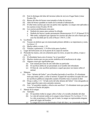 52
(2) Esto lo distingue del altar del incienso (altar de oro) en el lugar Santo (véase
Éxodos 30)
(3) Brazas del altar de bronce eran tomados al altar de incienso
(4) Altar de bronce quedaba en medio de la entrada al tabernáculo
(5) El altar tenía cuernos que eran sus partes más sagradas. La sangre eran aplicadas a
los cuernos (véase Éxodos 30:10)
(6) Los cuernos posiblemente eran para:
d. Símbolo de manos para sostener la ofrenda
e. Símbolo de fuerza o poder permanente (Deuteronomio 33:17; II Samuel 22:3)
f. Más tarde, cualquiera que agarrara los cuernos del altar era salvo hasta que su
caso fue decidido por la corte (I Reyes 1:50-51; 2:28)
b. La ofrenda
(1) Vacuno sin defecto que era mencionado primero debido a su importancia y costo,
Levíticos 1:3
(2) Macho cabrío o oveja, 1:10
(3) Tórtolas o palominos, 1:14 (Provisión para el pobre)
c. Lugar del holocausto era en la puerta de la carpa de reunión
d. Poniendo las manos, esto era solamente para los toros, no para las cabras, ovejas o
aves, 1:4
(1) El ofrendante hacia esto el mismo “no el sacerdote”
(2) Muchos sienten que era una acción simbólica de la trasferencia de culpa
(3) Algunos creen que significaban que.
(a) Este animal proviene de este individuo en particular
(b) El sacrificio debía de ser presentado en el nombre del ofrendante
(c) El fruto de este sacrificio pertenece a aquel que puso sus manos sobre el
animal.
e. Matanza
(1) Toro- “delante del Señor”, por el hombre haciendo el sacrificio. El ofrendante
tenía que matar, pelar y cortar el animal. El papel del sacerdote (excepto del caso
de sacrificios públicos) empezaba cuando el hombre traía el animal al altar
(2) Oveja o cabra, 1:11- “al lado norte del altar delante del Señor”. Esto designaba un
lugar específico para estos animales menores
(3) Ave- “el sacerdote mataba y ofrecía este sacrificio”. El ofrendante tenía que quitar
o remover el buche del pájaro.
f. Manejo de la sangre.
(1) Animales
(a) El sacerdote tiraba la sangre sobre el altar y lo rociaba alrededor del altar
(b) La vida del animal estaba en la sangre (véase Génesis 9:4; Levíticos 17:11).
La vida ya pertenece a Dios, por lo tanto, la sangre no representaba ninguna
parte del regalo del hombre.
(c) La sangre de la ave era derramada al lado del altar y no consumada en fuego
 