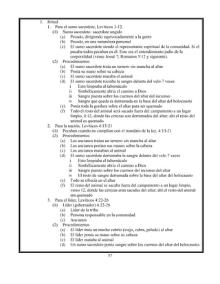 57
3. Ritual
1. Para el sumo sacerdote, Levíticos 3-12.
(1) Sumo sacerdote- sacerdote ungido
(a) Pecado, dirigiendo equivocadamente a la gente
(b) Pecado, en una naturaleza personal
(c) El sumo sacerdote siendo el representante espiritual de la comunidad. Si el
pecaba todos pecaban en él. Esto era el entendimiento judío de la
corporalidad (véase Josué 7; Romanos 5:12 y siguiente).
(2) Procedimientos
(a) El sumo sacerdote traía un ternero sin mancha al altar
(b) Ponía su mano sobre su cabeza
(c) El sumo sacerdote mataba el animal
(d) El sumo sacerdote rociaba la sangre delante del velo 7 veces
i Esto limpiaba al tabernáculo
ii Simbólicamente abría el camino a Dios
iii Sangre puesta sobre los cuernos del altar del incienso
iv Sangre que queda es derramada en la base del altar del holocausto
(e) Ponía toda la gordura sobre el altar para ser quemado
(f) Todo el resto del animal será sacado fuera del campamento a un lugar
limpio, 4:12, donde las cenizas son derramados del altar; ahí el resto del
animal es quemado
2. Para la nación, Levíticos 4:13-21
(1) Pecaban cuando no cumplían con el mandato de la ley, 4:13-21
(2) Procedimientos
(a) Los ancianos traían un ternero sin mancha al altar
(b) Los ancianos ponían sus manos sobre la cabeza
(c) Los ancianos mataban al animal
(d) El sumo sacerdote derramaba la sangre delante del velo 7 veces
i Esto limpiaba el tabernáculo
ii Simbólicamente abría el camino a Dios
iii Sangre puesto sobre los cuernos del incienso del altar
iv El resto de sangre derramada sobre la base del altar del holocausto
(e) Todo se ofrecía en el altar
(f) El resto del animal se sacaba fuera del campamento a un lugar limpio,
verso 12, donde las cenizas eran sacadas del altar; ahí el resto del animal
era quemado
3. Para el líder, Levíticos 4:22-26
(1) Líder (gobernador) 4:22-26
(a) Líder de la tribu
(b) Persona responsable en la comunidad
(c) Ancianos
(2) Procedimientos
(a) El líder traía un macho cabrío (viejo, cabra, peludo) al altar
(b) El líder ponía su mano sobre su cabeza
(c) El líder mataba al animal
(d) Un sumo sacerdote ponía sangre sobre los cuernos del altar del holocausto-
 