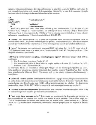 67
relación. Esta comunión/relación debe de conformarse a la naturaleza y carácter de Dios. La fractura de
este compañerismo intimo es la esencia de la caída (véase Génesis 3) y la meta de la redención (ejemplo
la restauración de la imagen de Dios dañada en la rebelión humana).
4:9
NASB “viento abrazador”
NKJV, NRSV,
NJB “maldición”
TEV “viento abrazador”
BDB (995) define esto como “tizón sobre cosecha” y da a Deuteronomio 28:22; I Reyes 8:37; II
Crónicas 6:28; y Hageo 2:17 como ejemplo. Sin embargo el léxico Holladay (361) lo define como
“abrazador” y da el mismo ejemplo. La NASB y la TEV lo entiende como refiriéndose al viento caliente
del desierto conocido como El Siroco (ejemplo Génesis 41:6, 23, 27).
“añublo” Esta palabra (BDB 439) se junta con la palabra arriba en todos los ejemplos. BDB lo
traduce como “oxido”. La palabra también significa “palidez” (véase Jeremías 30:6). Esto no es el moho
causado por mucha humedad sino la clase de polvo emblanquecido causado por una falta de humedad.
“oruga” La plaga de insectos (ejemplo langostas [BDB 160], véase Joel 1:4; 2:25) como juicio de
YHVH por quebrantar su pacto se puede ver en Deuteronomio 28:38-40, 42. Esta plaga puede ser (1) las
langostas mismas o (2) sus larvas.
4:10 “Envié contra vosotros una plaga, como la plaga de Egipto” El término “plaga” (BDB 184) es
usado para:
1. Una de las plagas egipcias en Éxodos 9:3, 15
2. Una amenaza del juicio de Dios sobre su propio pueblo en Éxodos 5:3; Levíticos 26:23-25;
Números 14:12; Deuteronomio 28:21.
Es interesante de que las consonantes hebreas para “plaga” son las mismas para “palabras de Dios”.
Estas pueden ser un juego de palabras intencional. Los israelitas negaron “la palabra” de dios y por la
tanto cosecharon la “plaga de Dios”. ¡Un retorno a él y a su palabra restaurara abundantemente y
multiplicara!
“junto con vuestros caballos capturados” Esto se refiere a equipo militar, pero puede ser entendido
en ambas formas: (1) pensaron que sus victorias que resulto en las capturas de caballos y carros les daría
mucha fuerza, pero Dios lo quito todo (NEB) o (2) el enemigo capturo sus caballos y los dejaron sin
poder militar (véase NRSV, TEV, NJB). La mayoría de las traducciones inglesas usa opción #2.
“el hedor de vuestro campamento” Esto se refiere a los cadáveres no enterrados (véase Isaías 34:3)
de los hombres jóvenes israelitas que murieron durante la batalla.
“hice subir hasta vuestras narices” Esto puede ser simplemente la descripción de cuerpos en
descomposición de los muertos o es posible otra alusión al pacto mosaico. Una metáfora usada por
YHVH favorablemente recibiendo una ofrenda era “un aroma suave” (véase Génesis 8:21, Éxodos
29:18, 25, 41; y muchas veces en Levíticos y Números). Un buen ejemplo de un uso negativo es Éxodos
5:21.
 
