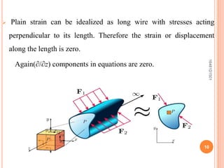  Plain strain can be idealized as long wire with stresses acting
perpendicular to its length. Therefore the strain or displacement
along the length is zero.
Again(∂/∂z) components in equations are zero.
10
16481D1501
 
