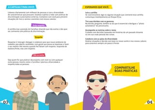 A CARTILHA É PARA VOCÊ!
Exija respeito
Respeite
Não se omita
Lidamos diariamente com milhares de pessoas e com a diversidade
de características que possuem. Estamos sujeitos a lidar com práticas de
discriminação e precisamos evitá-las. Contamos com você para prevenir
situações de risco e sermos coerentes com nossos valores.
03 04
ESPERAMOS QUE VOCÊ:
Leia a cartilha
Se você encontrar algo ou alguma situação que contrarie essa cartilha,
comunique imediatamente ao Disque Ética.
Tire suas dúvidas com os gestores
Na dúvida, pergunte, lembre-se do que é essencial e desligue o “piloto
automático” do preconceito.
Acompanhe as notícias sobre o tema
Cuidado com decisões baseadas em histórias de um passado distante
ou em sua visão pessoal das coisas.
Colabore com as ações de diversidade
Analise situações e decida com base no nosso sonho e nos nossos valores
para estarmos sempre um passo à frente.
COMPARTILHE
BOAS PRÁTICAS
A cartilha traz a posição do Carrefour dizendo que não aceita e não quer
ser conivente com práticas de discriminação.
Respeitar é interagir, dialogar e colaborar para que nosso ambiente de
trabalho seja aberto, acolhedor, com gente que possa se expressar e fazer
o seu melhor. Até mesmo quando lhe faltam com respeito, responda de
maneira ﬁrme, mas com respeito.
Seja quem for que praticar desrespeito com você ou com qualquer
outra pessoa, mostre como o Carrefour valoriza a diversidade e
respeita todas as pessoas.
 