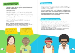 COMO RESOLVER CONFLITOS
DE DIVERSIDADE ESTÉTICA
O racismo é crime e deve ser enfrentado com ﬁrmeza em qualquer
situação ou relação. Os grupos mais sujeitos aos racismo são os negros,
indígenas, orientais e ciganos.
O racismo desqualiﬁca, exclui, ignora, torna suspeito, impede acesso das
pessoas a lugares, bens e serviços baseado nas características da pessoa.
É considerada prática de racismo qualquer comentário ou orientação
sobre cabelos, aparência física ou vestimentas.
• Não julgar o cliente, não dizer que ele é preconceituoso ou fazer
aﬁrmações desrespeitosas.
• Não agredir o cliente.
• Não negar a realidade ou buscar distraí-lo com outros assuntos.
• Não deixar de falar sobre os valores do Carrefour e que todos são
respeitados nessa organização, incluindo pessoas com tatuagens,
piercings, argolas, etc.
• Não aceitar imposição deste tipo e, se a pessoa insistir em
reclamar em outras instâncias, não deve ser impedida, mas
a resposta a mesma.
Como é que vocês dão
emprego pra uma pessoa
toda tatuada?
É que aqui no Carrefour
a gente respeita todas as
pessoas. Valorizamos a
competência e nosso foco
é um bom atendimento.
DIVERSIDADE RACIAL
13 14
Nenhum colaborador deve ser constrangido, humilhado ou
desqualiﬁcado para se agradar um cliente, muito menos com esse
tipo de reclamação e postura que expressa preconceito
A prática de discriminação racial por qualquer público deve ser
enfrentada com diálogo ﬁrme e respeitoso, deixando evidente que o
Grupo Carrefour não é conivente com práticas de discriminação racial.
Medidas formais podem ser tomadas, dependendo da gravidade da
situação, jamais permitindo que colaboradores ou clientes sintam que
houve omissão por parte da empresa.
Considere que há casos que precisam de um boletim de ocorrência na
polícia para expressar essa repulsa às práticas de racismo.
COMO RESOLVER CONFLITOS RACIAIS?
Paulo
 