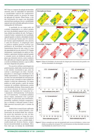 INFORMAÇÕES AGRONÔMICAS Nº 138 – JUNHO/2012 21
Mt. Nota-se o impacto da redução da densidade
amostral, tanto na capacidade de representar
a variabilidade espacial dos componentes
da fertilidade quanto na geração do mapa
de aplicação de calcário. Desta forma, o uso
das informações de mapas com densidade
amostral baixa acaba por elevar a variabilidade
espacial, pois são realizadas aplicações de doses
inadequadas de fertilizantes.
A qualidade de um mapa pode ser
avaliada comparando-se os valores gerados
por meio da predição espacial com os valores
reais obtidos nas análises de solo. Na Figura 2
é possível notar o aumento do erro na predição
espacial quando se reduziu a densidade amostral
de 1,8 amostra por hectare para 0,3 amostra
por hectare (aproximadamente uma amostra
a cada três hectares). A comparação entre
os gráficos também permite verificar que
parâmetros de fertilidade relacionados às
características físicas do solo, como é o caso
da capacidade de troca de cátions (ctc) ligada
intimamente à participação da argila no solo,
tendem a apresentar estrutura espacial quando
a variação ocorre em distâncias maiores, ao
passo que elementos móveis, como o potássio
(K), aplicados por máquinas agrícolas, tendem
a oscilar em distâncias menores, o que se reflete
em maior dispersão dos pontos.
No caso de se utilizar a amostragem em
grade de pontos, dada toda a incerteza inerente
a este método, recomenda-se que, antes de
realizar a amostragem em toda a fazenda,
proceda-se à amostragem detalhada de um
talhão representativo. esta amostragem deve
ser feita com uma densidade de 4 amostras por
hectare ou mais, tomando-se todo cuidado em
relação à coleta das subamostras. Os mapas
podem ser então gerados a partir do mesmo
conjunto de resultados laboratoriais, porém
com densidades distintas. Desta maneira, para
um mesmo elemento de interesse obtém-se
mapas com densidade de 4 amostras ha-1
,
1 amostra ha-1
, 0,44 amostra ha-1
, 0,25 amostra
ha-1
, 0,16 amostra ha-1
. A avaliação cuidadosa
desses mapas, juntamente com a geração
dos mapas de prescrição para fertilizantes,
permitirão, mediante avaliação comparativa,
que se obtenha a indicação quanto à densi-
dade amostral necessária para o restante da
fazenda.
Ainda existe a crença de que a aplicação
de insumos em taxa variável permite a uni-
formização da produtividade das culturas.
Os teores dos nutrientes no solo, de fato,
deverão oscilar menos ao longo dos anos,
entretanto, considerando que o solo é variável
em sua constituição e que a produtividade é
condicionada por diversos fatores, sempre
haverá desuniformidade na produção. Deve
ficar claro que, no manejo da variabilidade
Figura 2. Valores estimados por meio da interpolação pelo inverso da distância e valores reais
obtidos nas análises de solo para ctc e teor de potássio em duas densidades amostrais.
A profundidade de coleta foi de 0 a 10 cm.
Figura 1. Mapas de fertilidade e de prescrição de calagem para uma mesma área gerados com
diversas densidades de amostragem.
6 amostras: 1 ha 1 amostra: 1 ha 1 amostra: 2 ha 1 amostra: 4 ha
 