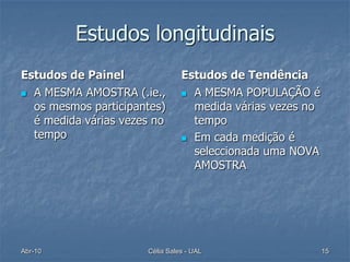 Estudos longitudinais
Estudos de Painel               Estudos de Tendência
 A MESMA AMOSTRA (.ie.,         A MESMA POPULAÇÃO é
  os mesmos participantes)        medida várias vezes no
  é medida várias vezes no        tempo
  tempo                          Em cada medição é
                                  seleccionada uma NOVA
                                  AMOSTRA




Abr-10                Célia Sales - UAL                    15
 