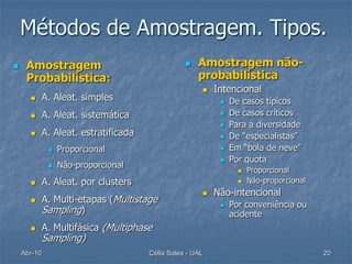 Métodos de Amostragem. Tipos.
    Amostragem                                      Amostragem não-
     Probabilística:                                  probabilística
                                                          Intencional
            A. Aleat. simples                                 De casos típicos
            A. Aleat. sistemática                             De casos críticos
                                                               Para a diversidade
            A. Aleat. estratificada                           De “especialistas”
                 Proporcional                                 Em “bola de neve”
                                                               Por quota
                 Não-proporcional
                                                                     Proporcional
            A. Aleat. por clusters                                  Não-proporcional
                                                          Não-intencional
            A. Multi-etapas (Multistage                       Por conveniência ou
             Sampling)                                          acidente
            A. Multifásica (Multiphase
             Sampling)
    Abr-10                             Célia Sales - UAL                                 20
 