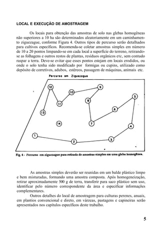 LOCAL E EXECUÇÃO DE AMOSTRAGEM
Os locais para obtenção das amostras de solo nas glebas homogêneas
não superiores a 10 ha são determinados aleatoriamente em um caminhamen-
to ziguezague, conforme Figura 4. Outros tipos de percurso serão detalhados
para cultivos específicos. Recomenda-se coletar amostras simples em número
de 10 a 20 pontos limpando-se em cada local a superfície do terreno, retirando-
se as folhagens e outros restos de plantas, resíduos orgânicos etc, sem contudo
raspar a terra. Deve-se evitar que esses pontos estejam em locais erodidos, ou
onde o solo tenha sido modificado por formigas ou cupins, utilizado como
depósito de corretivos, adubos, estéreos, passagem de máquinas, animais etc.
As amostras simples deverão ser reunidas em um balde plástico limpo
e bem misturadas, formando uma amostra composta. Após homogeneização,
retirar aproximadamente 500 g de terra, transferir para saco plástico sem uso,
identificar pelo número correspondente da área e especificar informações
complementares.
Outros detalhes do local de amostragem para culturas perenes, anuais,
em plantios convencional e direto, em várzeas, pastagens e capineiras serão
apresentados nos capítulos específicos deste trabalho.
5
 
