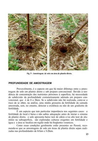 PROFUNDIDADE DE AMOSTRAGEM
Provavelmente, é o aspecto em que há maior diferença entre a amos-
tragem do solo em plantio direto e sob preparo convencional. Devido à ten-
dência de concentração dos nutrientes próximos à superfície, há necessidade
de subdivisão da profundidade costumeiramente adotada em preparo con-
vencional, que é de 0 a 20cm. Se a subdivisão não for realizada, corre-se o
risco de se obter, na análise, uma média grosseira da fertilidade da camada
amostrada, sem, no entanto, detectar a existência ou não de um gradiente de
fertilidade.
É um aspecto que tem particular importância nos seguintes casos: a
fertilidade do local é baixa e não sofreu adequação antes de iniciar o sistema
de plantio direto, o solo apresenta baixo teor de cálcio e/ou alto teor de alu-
mínio na subsuperfície, são exploradas culturas exigentes em fertilidade e
água e a área se localiza em região onde há freqüentes veranicos.
Como essas condições geralmente estão presentes no Paraná, reco-
menda-se que as amostragens de solo em áreas de plantio direto sejam reali-
zadas nas profundidades de 0-5cm e 5-20cm.
13
Fig. 5 - Amostragem de solo em área de plantio direto.
 