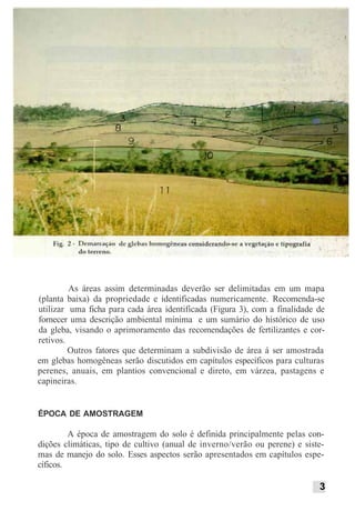 As áreas assim determinadas deverão ser delimitadas em um mapa
(planta baixa) da propriedade e identificadas numericamente. Recomenda-se
utilizar uma ficha para cada área identificada (Figura 3), com a finalidade de
fornecer uma descrição ambiental mínima e um sumário do histórico de uso
da gleba, visando o aprimoramento das recomendações de fertilizantes e cor-
retivos.
Outros fatores que determinam a subdivisão de área á ser amostrada
em glebas homogêneas serão discutidos em capítulos específicos para culturas
perenes, anuais, em plantios convencional e direto, em várzea, pastagens e
capineiras.
ÉPOCA DE AMOSTRAGEM
A época de amostragem do solo é definida principalmente pelas con-
dições climáticas, tipo de cultivo (anual de inverno/verão ou perene) e siste-
mas de manejo do solo. Esses aspectos serão apresentados em capítulos espe-
cíficos.
3
 