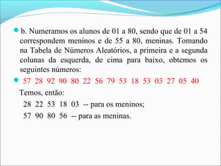 b. Numeramos os alunos de 01 a 80, sendo que de 01 a 54
correspondem meninos e de 55 a 80, meninas. Tomando
na Tabela de Números Aleatórios, a primeira e a segunda
colunas da esquerda, de cima para baixo, obtemos os
seguintes números:
 57 28 92 90 80 22 56 79 53 18 53 03 27 05 40
Temos, então:
28 22 53 18 03 -- para os meninos;
57 90 80 56 -- para as meninas.
 