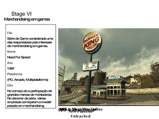 File   Série de Game considerada uma das responsáveis pelo interesse de merchandising em games. Nome   Need For Speed Ano 1997 Plataforma   (PC, Arcade, Multiplataforma)  Obs No começo só a participação de grandes marcas de montadoras. No decorrer da série, várias empresas começaram a investir pesado em merchandising. Stage VI Merchandising em games NFS II NFS Porsche Unleashed NFS – Motorcity Online NFS - Underground NFS – Most Wanted 