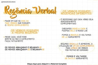 FRASE EM QUE HÁ DOIS OU
MAIS VERBOS QUE POSSUEM
O MESMO COMPLEMENTO.
NESSE CASO, VOCÊ PODE
REPETIR OU NÃO O COMPLEMENTO
FACULTATIVAMENTE.
OS NOIVOS ABRAÇARAM E BEIJARAM-SE.
OS NOIVOS ABRAÇARAM-SE E BEIJARAM-SE
OS VERBOS POSSUEM
A MESMA REGÊNCIA
FOMOS E VOLTAMOS
DE BRASÍLIA RAPIDAMENTE.
CHEGAMOS ÀQUELA CASA E
FIZEMOS DELA O NOSSO LAR.
FOMOS A BRASÍLIA E VOLTAMOS
DE LÁ RAPIDAMENTE
OS VERBOS POSSUEM
REGÊNCIAS DIFERENTES.
É NECESSÁRIO QUE CADA VERBO SEJA
ADEQUADAMENTE
COMPLEMENTADO.
SEGUNDO CEGALLA É ADMISSÍVEL A
UTILIZAÇÃO DE UM SÓ COMPLEMENTO
PARA AMBOS OS VERBOS
POR MOTIVO DE CONCISÃO.
Clique Aqui para Adquirir o Material Completo
 