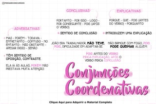 POIS ANTES DO VERBO
INDICA EXPLICAÇÃO, APÓS O
VERBO INDICA CONCLUSÃO
EXPLICATIVAS
PORQUE - QUE - POIS (ANTES
DO VERBO) - PORQUANTO
INTRODUZEM UMA EXPLICAÇÃO.
NÃO BRINQUE COM FOGO, POIS
P O D E Q U E I M A R ALGUÉM.
PORTANTO - POR ISSO - LOGO -
POR CONSEGUINTE - POIS (APÓS
O VERBO)
SENTIDO DE CONCLUSÃO
JOÃO ERA TRABALHADOR, N Ã O T E V E ,
POIS, DIFICULDADE EM ADAPTAR-SE.
CONCLUSIVAS
MAS - PORÉM - TODAVIA -
ENTRETANTO - CONTUDO - NO
ENTANTO - NÃO OBSTANTE -
APESAR DISSO - SENÃO
TÊM SENTIDO DE
OPOSIÇÃO, CONTRASTE.
ELA IA ÀS AULAS, PORÉM NÃO
PRESTAVA MUITA ATENÇÃO.
ADVERSATIVAS
Clique Aqui para Adquirir o Material Completo
 