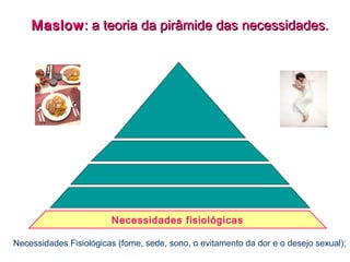 MaslowMaslow: a teoria da pirâmide das necessidades.: a teoria da pirâmide das necessidades.
Necessidades fisiológicas
Necessidades Fisiológicas (fome, sede, sono, o evitamento da dor e o desejo sexual);
 