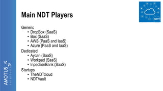 Main NDT Players
Generic
• DropBox (SaaS)
• Box (SaaS)
• AWS (PaaS and IaaS)
• Azure (PaaS and IaaS)
Dedicated
• Aycan (SaaS)
• Workpad (SaaS)
• InpectionBank (SaaS)
Startups
• TheNDTcloud
• NDTVault
 