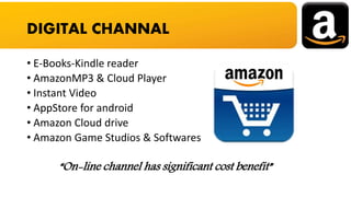 • E-Books-Kindle reader
• AmazonMP3 & Cloud Player
• Instant Video
• AppStore for android
• Amazon Cloud drive
• Amazon Game Studios & Softwares
“On-line channel has significant cost benefit”
DIGITAL CHANNAL
 