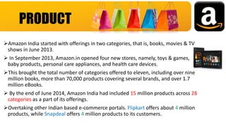 Amazon India started with offerings in two categories, that is, books, movies & TV
shows in June 2013.
 In September 2013, Amazon.in opened four new stores, namely, toys & games,
baby products, personal care appliances, and health care devices.
This brought the total number of categories offered to eleven, including over nine
million books, more than 70,000 products covering several brands, and over 1.7
million eBooks.
 By the end of June 2014, Amazon India had included 15 million products across 28
categories as a part of its offerings.
Overtaking other Indian based e-commerce portals. Flipkart offers about 4 million
products, while Snapdeal offers 4 million products to its customers.
PRODUCT
 