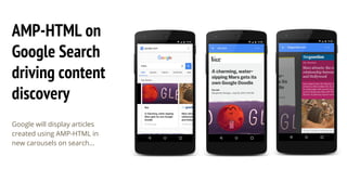 AMP-HTML on
Google Search
driving content
discovery
Google will display articles
created using AMP-HTML in
new carousels on search…
 