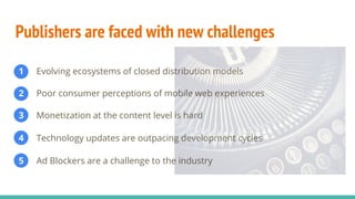 2 Poor consumer perceptions of mobile web experiences
1 Evolving ecosystems of closed distribution models
3 Monetization at the content level is hard
4 Technology updates are outpacing development cycles
5 Ad Blockers are a challenge to the industry
Publishers are faced with new challenges
With a common objective: an open ecosystem of knowledge
 