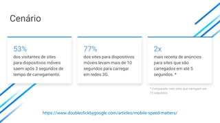 53%
dos visitantes de sites
para dispositivos móveis
saem após 3 segundos de
tempo de carregamento.
https://www.doubleclickbygoogle.com/articles/mobile-speed-matters/
77%
dos sites para dispositivos
móveis levam mais de 10
segundos para carregar
em redes 3G.
2x
mais receita de anúncios
para sites que são
carregados em até 5
segundos. *
* Comparado com sites que carregam em
19 segundos
Cenário
 