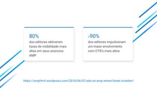 80%
dos editores obtiveram
taxas de visibilidade mais
altas em seus anúncios
AMP
+90%
dos editores impulsionam
um maior envolvimento
com CTR’s mais altos
https://amphtml.wordpress.com/2016/06/07/ads-on-amp-where-faster-is-better/
 