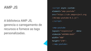 AMP JS
A biblioteca AMP JS,
gerencia o carregamento de
recursos e fornece as tags
personalizadas.
<script async custom-
element="amp-youtube"
src="https://cdn.ampproject.org
/v0/amp-youtube-0.1.js">
</script>
<amp-youtube
layout="responsive" data-
videoid="mGENRKrdoGY"
width="480"
height="270">
</amp-youtube>
 