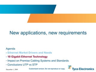 Agenda -  Ethernet Market Drivers and Needs -  10 Gigabit Ethernet Technology Impact on Premise Cabling Systems and Standards Conclusions UTP vs STP New applications, new requirements   Customized version. Do not reproduce or copy. 