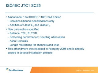 ISO/IEC JTC1 SC25 Amendment 1 to ISO/IEC 11801 2nd Edition Contains Channel specifications only Addition of Class E A  and Class F A New parametres specified Balance; TCL, ELTCTL Screening performance; Coupling Attenuation Alien Crosstalk Length restrictions for channels and links This amendment was released in February 2008 and is already quoted in several installation projects. 