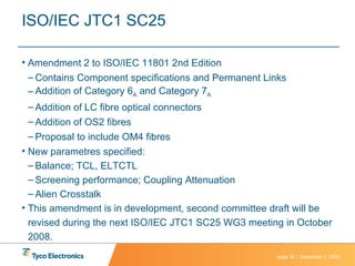 ISO/IEC JTC1 SC25 Amendment 2 to ISO/IEC 11801 2nd Edition Contains Component specifications and Permanent Links Addition of Category 6 A  and Category 7 A Addition of LC fibre optical connectors Addition of OS2 fibres Proposal to include OM4 fibres New parametres specified: Balance; TCL, ELTCTL Screening performance; Coupling Attenuation Alien Crosstalk This amendment is in development, second committee draft will be revised during the next ISO/IEC JTC1 SC25 WG3 meeting in October 2008. 