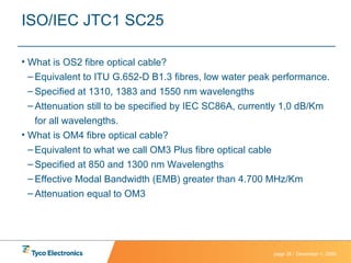 ISO/IEC JTC1 SC25 What is OS2 fibre optical cable? Equivalent to ITU G.652-D B1.3 fibres, low water peak performance. Specified at 1310, 1383 and 1550 nm wavelengths Attenuation still to be specified by IEC SC86A, currently 1,0 dB/Km for all wavelengths. What is OM4 fibre optical cable? Equivalent to what we call OM3 Plus fibre optical cable Specified at 850 and 1300 nm Wavelengths Effective Modal Bandwidth (EMB) greater than 4.700 MHz/Km Attenuation equal to OM3 