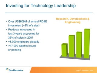 Investing for Technolog y  Leadership Over US$600M of annual RD&E investment (~5% of sales) Products introduced in  last 3 years accounted for  36% of sales in 2007 ~8,000 engineers globally >17,000 patents issued  or pending Research, Development & Engineering 