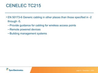 CENELEC TC215 EN 50173-6 Generic cabling in other places than those specified in -2 through -5. Provide guidance for cabling for wireless access points Remote powered devices  Building management systems 
