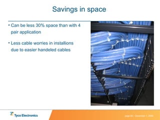 Savings in space  Can be less 30% space than with 4 pair application  Less cable worries in installions due to easier handeled cables  