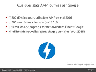 Quelques stats AMP fournies par Google
 7 300 développeurs utilisaient AMP en mai 2016
 1 900 soumissions de code (mai 2...