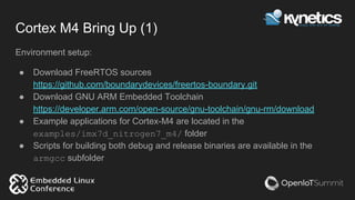 Cortex M4 Bring Up (1)
Environment setup:
● Download FreeRTOS sources
https://github.com/boundarydevices/freertos-boundary.git
● Download GNU ARM Embedded Toolchain
https://developer.arm.com/open-source/gnu-toolchain/gnu-rm/download
● Example applications for Cortex-M4 are located in the
examples/imx7d_nitrogen7_m4/ folder
● Scripts for building both debug and release binaries are available in the
armgcc subfolder
 