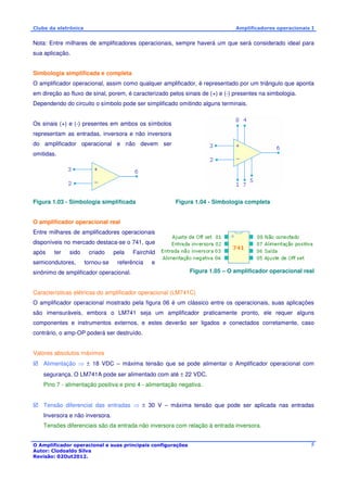Clube da eletrônica Amplificadores operacionais I 
Nota: Entre milhares de amplificadores operacionais, sempre haverá um que será considerado ideal para 
sua aplicação. 
Simbologia simplificada e completa 
O amplificador operacional, assim como qualquer amplificador, é representado por um triângulo que aponta 
em direção ao fluxo de sinal, porem, é caracterizado pelos sinais de (+) e (-) presentes na simbologia. 
Dependendo do circuito o símbolo pode ser simplificado omitindo alguns terminais. 
O Amplificador operacional e suas principais configurações 
Autor: Clodoaldo Silva 
Revisão: 02Out2012. 
5 
Os sinais (+) e (-) presentes em ambos os símbolos 
representam as entradas, inversora e não inversora 
do amplificador operacional e não devem ser 
omitidas. 
Figura 1.03 - Simbologia simplificada Figura 1.04 - Simbologia completa 
O amplificador operacional real 
Entre milhares de amplificadores operacionais 
disponíveis no mercado destaca-se o 741, que 
após ter sido criado pela Fairchild 
semicondutores, tornou-se referência e 
sinônimo de amplificador operacional. 
Figura 1.05 – O amplificador operacional real 
Características elétricas do amplificador operacional (LM741C) 
O amplificador operacional mostrado pela figura 06 é um clássico entre os operacionais, suas aplicações 
são imensuráveis, embora o LM741 seja um amplificador praticamente pronto, ele requer alguns 
componentes e instrumentos externos, e estes deverão ser ligados e conectados corretamente, caso 
contrário, o amp-OP poderá ser destruído. 
Valores absolutos máximos 
 Alimentação  ± 18 VDC – máxima tensão que se pode alimentar o Amplificador operacional com 
segurança. O LM741A pode ser alimentado com até ± 22 VDC. 
Pino 7 - alimentação positiva e pino 4 - alimentação negativa. 
 Tensão diferencial das entradas  ± 30 V – máxima tensão que pode ser aplicada nas entradas 
Inversora e não inversora. 
Tensões diferenciais são da entrada não inversora com relação à entrada inversora. 
 