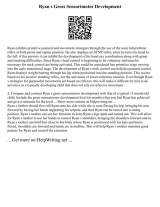Ryan s Gross Sensorimotor Development
Ryan exhibits primitive postural and movement strategies through the use of the tonic labyrinthine
reflex in both prone and supine position. He also displays an ATNR reflex when he turns his head to
the left; if this persists it can inhibit the development of his hand eye coordination along with grasp
and reaching difficulties. Since Ryan s head control is beginning to be voluntary and muscles
necessary for neck control are being activated. This could be considered late primitive stage moving
into the early transitional stage. The development of Ryan s neck control can help his postural control.
Ryan displays weight bearing through his leg when positioned into the standing position. This occurs
based on his positive standing reflex, not the activation of lower extremity muscles. Even though Ryan
s strategies for purposeful movements are based on reflexes, this will make it difficult for him to do
activities as a typically developing child that does not rely on reflexive movement.
2. Compare and contrast Ryan s gross sensorimotor development with that of a typical 15 month old
child. Include the gross sensorimotor development level (in months) that you feel Ryan has achieved
and give a rationale for the level ... Show more content on Helpwriting.net ...
Ryan s mother should first roll Ryan onto his side while she is semi flexing his hip, bringing his arm
forward by having her hands supporting his scapula, and then Ryan can be raised into a sitting
position. Ryan s mother can use her forearms to keep Ryan s legs apart and turned out. This will allow
for Ryan s mother to use her hands to control Ryan s shoulders, bringing the shoulders forward and in.
Ryan s mother can hold him close to her body where Ryan is positioned with his hips and knees
flexed, shoulders are forward and hands are in midline. This will help Ryan s mother maintain good
posture for Ryan and control the extension
... Get more on HelpWriting.net ...
 