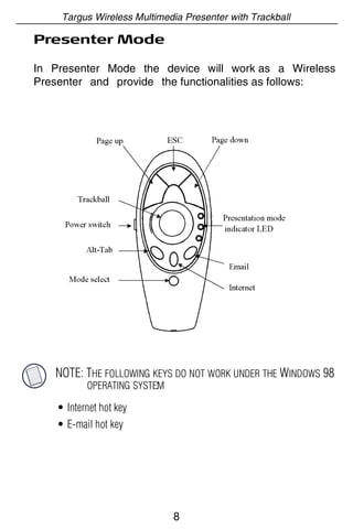 Targus Wireless Multimedia Presenter with Trackball

Presenter Mode

In Presenter Mode the device will work as a Wireless
Presenter and provide the functionalities as follows:




   NOTE: THE FOLLOWING KEYS DO NOT WORK UNDER THE WINDOWS 98
                        :
         OPERATING SYSTEM

    • Internet hot key
    • E-mail hot key




                             8
 