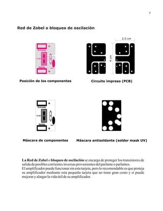 7

Red de Zobel o bloqueo de oscilación
2.5 cm

Salida

4 cm

10

5 uH

10

Entrada

104

Posición de los componentes

Circuito impreso (PCB)

Salida

10

5 uH

10

Entrada

104

Máscara de componentes

Máscara antisoldante (solder mask UV)

La Red de Zobel o bloqueo de oscilación se encarga de proteger los transistores de
salida de posibles corrientes inversas provenientes del parlante o parlantes.
El amplificador puede funcionar sin esta tarjeta, pero lo recomendable es que proteja
su amplificador mediante esta pequeña tarjeta que no tiene gran costo y si puede
mejorar y alargar la vida útil de su amplificador.

 