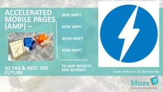WHY	
  AMP?	
  
HOW	
  AMP?	
  
WOW	
  AMP?
NOW	
  AMP?	
  
TO	
  AMP	
  INFINITY	
  
AND	
  BEYOND?
ACCELERATED	
  
MOBILE	
  PAGES	
  
(AMP)	
  –
SO	
  FAR	
  &	
  INTO	
  THE	
  
FUTURE Dawn	
  Anderson	
  @	
  dawnieando
 