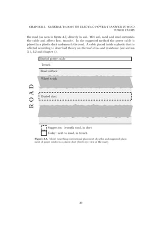 CHAPTER 3. GENERAL THEORY ON ELECTRIC POWER TRANSFER IN WIND
POWER FARMS
the road (as seen in ﬁgure 3.5) directly in soil. Wet soil, sand and mud surrounds
the cable and aﬀects heat transfer. In the suggested method the power cable is
placed in a plastic duct underneath the road. A cable placed inside a plastic duct is
aﬀected according to described theory on thermal stress and resistance (see section
3.1, 3.2 and chapter 4).
Road surface
Wheel track
Buried duct
Trench
Buried power cable
ROAD
Suggestion: beneath road, in duct
Today: next to road, in trench
Figure 3.5. Model describing conventional placement of cables and suggested place-
ment of power cables in a plastic duct (bird’s-eye view of the road).
20
 