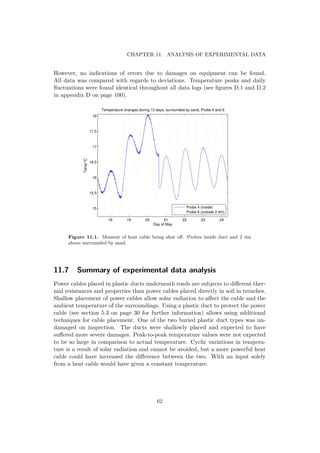 CHAPTER 11. ANALYSIS OF EXPERIMENTAL DATA
However, no indications of errors due to damages on equipment can be found.
All data was compared with regards to deviations. Temperature peaks and daily
ﬂuctuations were found identical throughout all data logs (see ﬁgures D.1 and D.2
in appendix D on page 100).
18 19 20 21 22 23 24
15
15.5
16
16.5
17
17.5
18
Day of May
Temp°C
Temperature changes during 12 days, surrounded by sand, Probe 4 and 6
Probe 4 (inside)
Probe 6 (outside 2 dm)
Figure 11.1. Moment of heat cable being shut oﬀ. Probes inside duct and 2 dm
above surrounded by sand.
11.7 Summary of experimental data analysis
Power cables placed in plastic ducts underneath roads are subjects to diﬀerent ther-
mal resistances and properties than power cables placed directly in soil in trenches.
Shallow placement of power cables allow solar radiation to aﬀect the cable and the
ambient temperature of the surroundings. Using a plastic duct to protect the power
cable (see section 5.3 on page 30 for further information) allows using additional
techniques for cable placement. One of the two buried plastic duct types was un-
damaged on inspection. The ducts were shallowly placed and expected to have
suﬀered more severe damages. Peak-to-peak temperature values were not expected
to be so large in comparison to actual temperature. Cyclic variations in tempera-
ture is a result of solar radiation and cannot be avoided, but a more powerful heat
cable could have increased the diﬀerence between the two. With an input solely
from a heat cable would have given a constant temperature.
62
 
