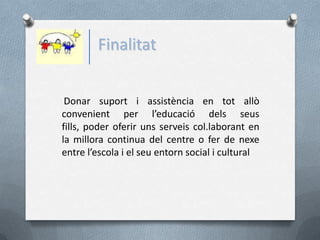 Finalitat


 Donar suport i assistència en tot allò
convenient per l’educació dels seus
fills, poder oferir uns serveis col.laborant en
la millora continua del centre o fer de nexe
entre l’escola i el seu entorn social i cultural
 